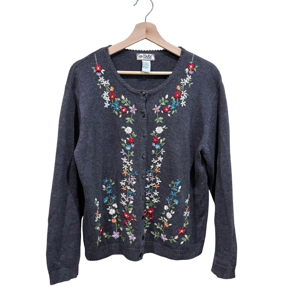 Tiara International Vintage Floral Embroidered Cardigan Gray Ramie Cotton Large
